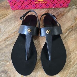 Tory Burch Black Sandals with Gold Logo